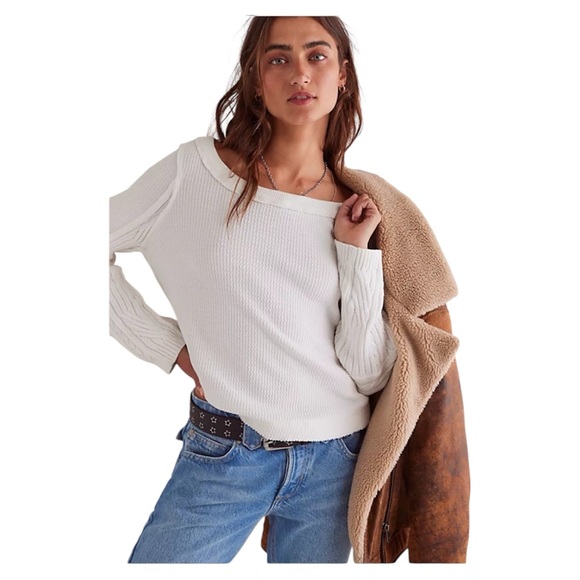 NWT Free People We The Free Swinging Cable Cuff Long Sleeve in Ivory Combo Large - Picture 2 of 9